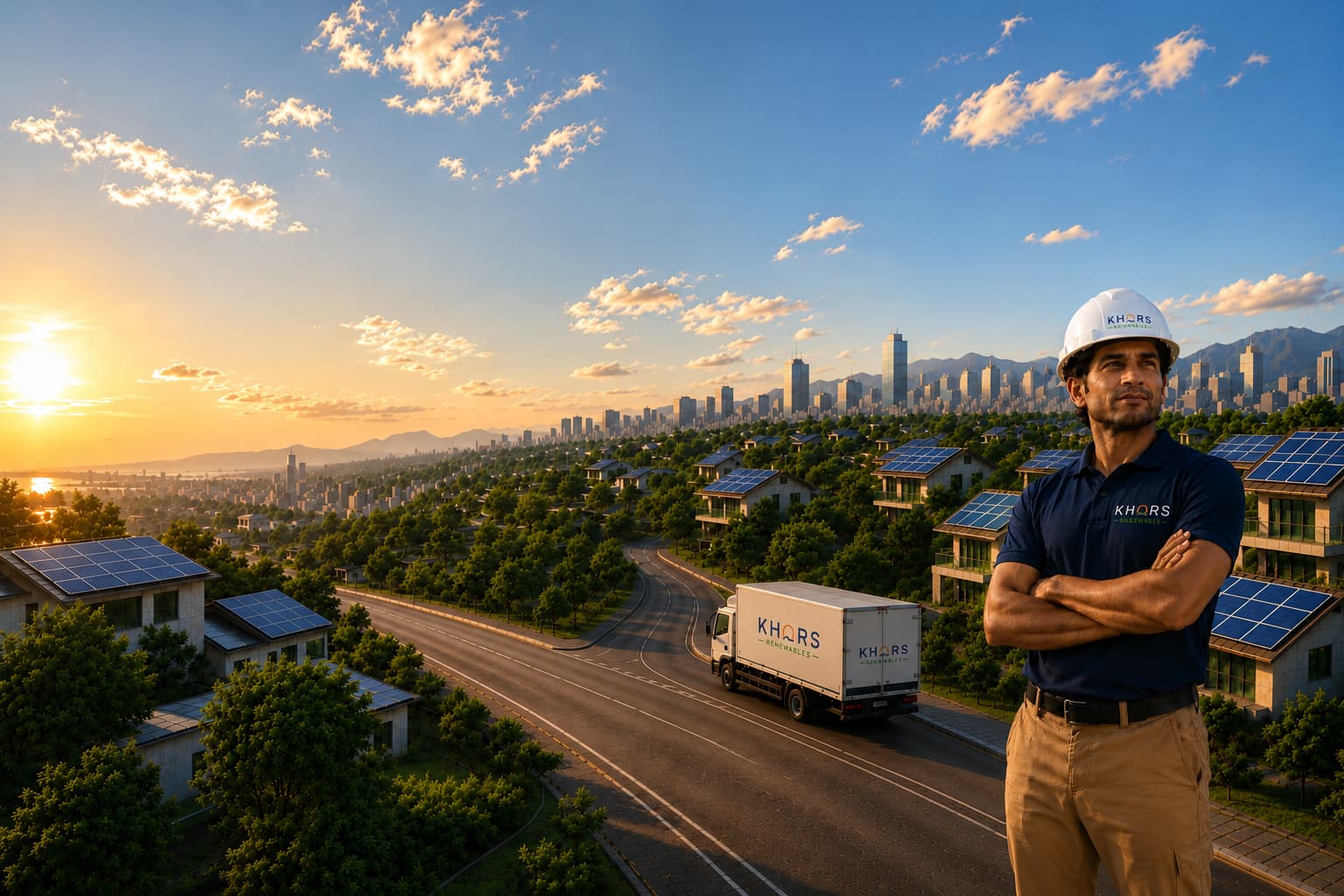 Solar technician standing above a city neighbourhood of rooftop solar homes